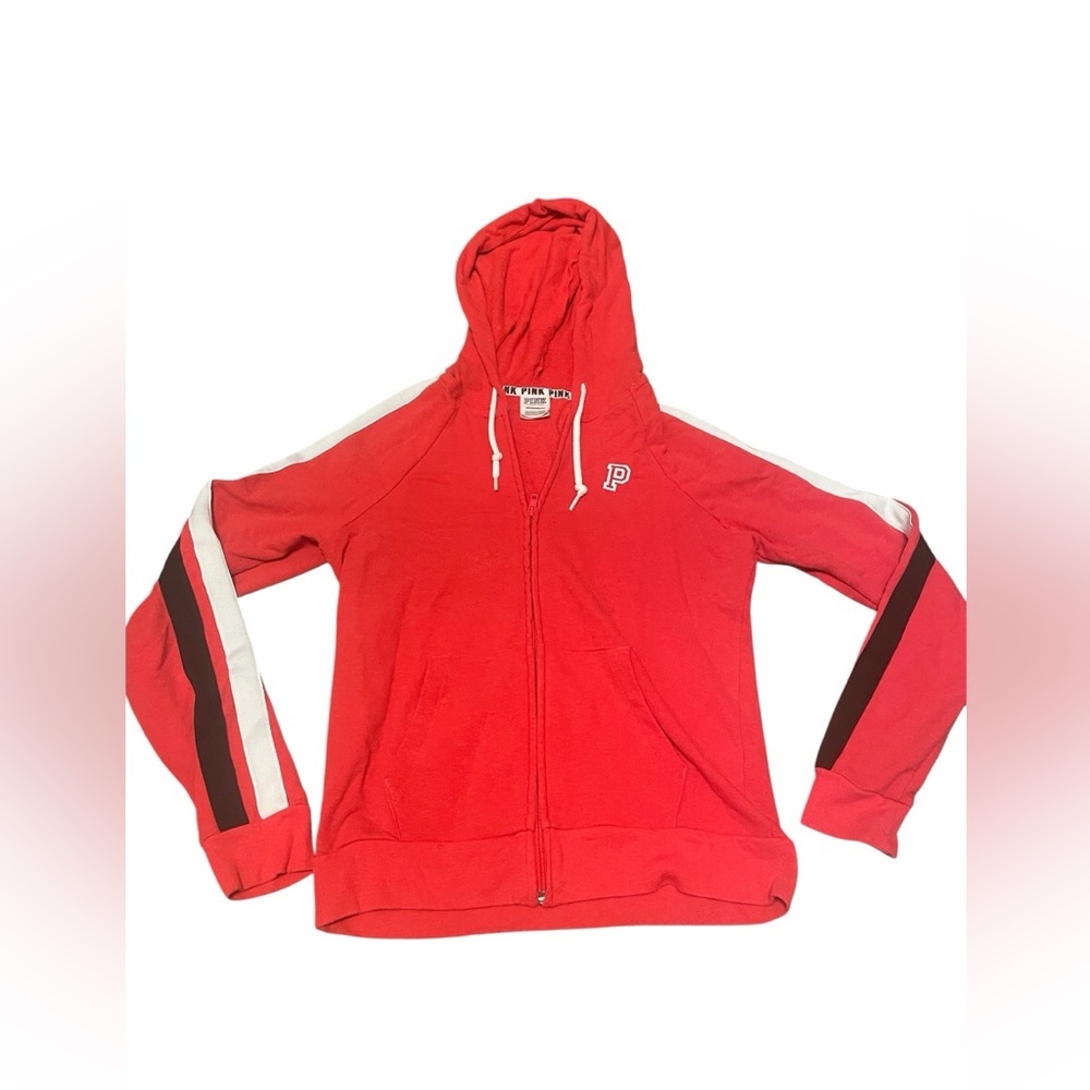 PINK VS Red Zip-Up Hoodie with White and Black Stripes Size XS GUC